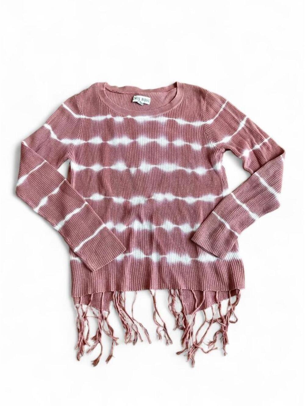 Knox Rose pink tie-dye sweater with white horizontal stripes and fringe size M
